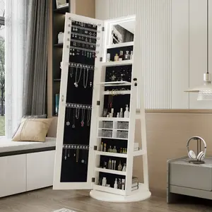 360°Swivel Jewelry Cabinet with Full Length Mirror, 360°Rotating Standing Jewelry Armoire Organizer, Lockable Storage Cabinet, Interior Lighted Mirror,