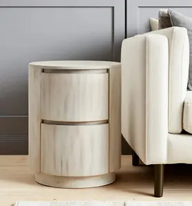 White Solid Wood Round Drum End Table with 2 Drawers – 24 in Storage Side Table