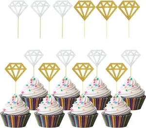 60 Pack Glitter Diamond Cupcake Toppers for Bridal Shower Engagement Wedding Party Birthday Diamond Ring Topper for Donuts Diamond Donut Picks Cake Decorations Dessert Supplies (Silver + Gold) yuntop