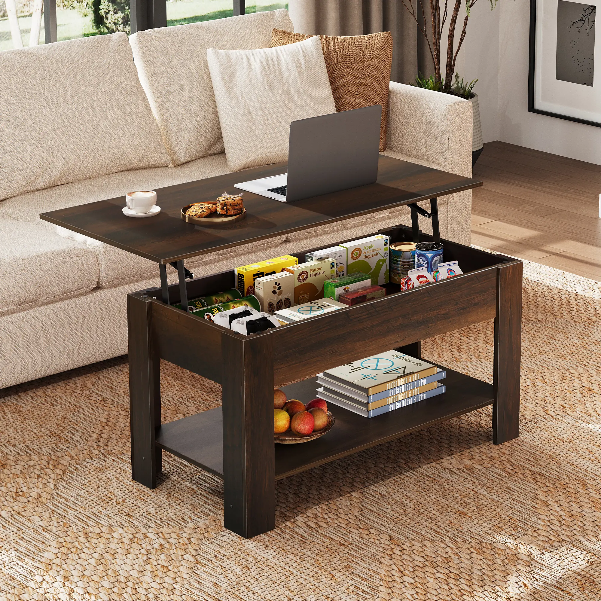 WLIVE 39 in Adjustable Coffee Table - MDF Wood Space Saving Table with Hidden Compartment, Storage Shelf and Lift Top for Home Living Room, Office, Hidden Comp.
