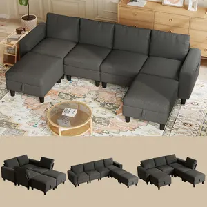 110” U-Shaped Modular Sofa 6-Seat Linen Cloud Couch with Adjustable Backrest & Storage Ottoman (Dark Grey)