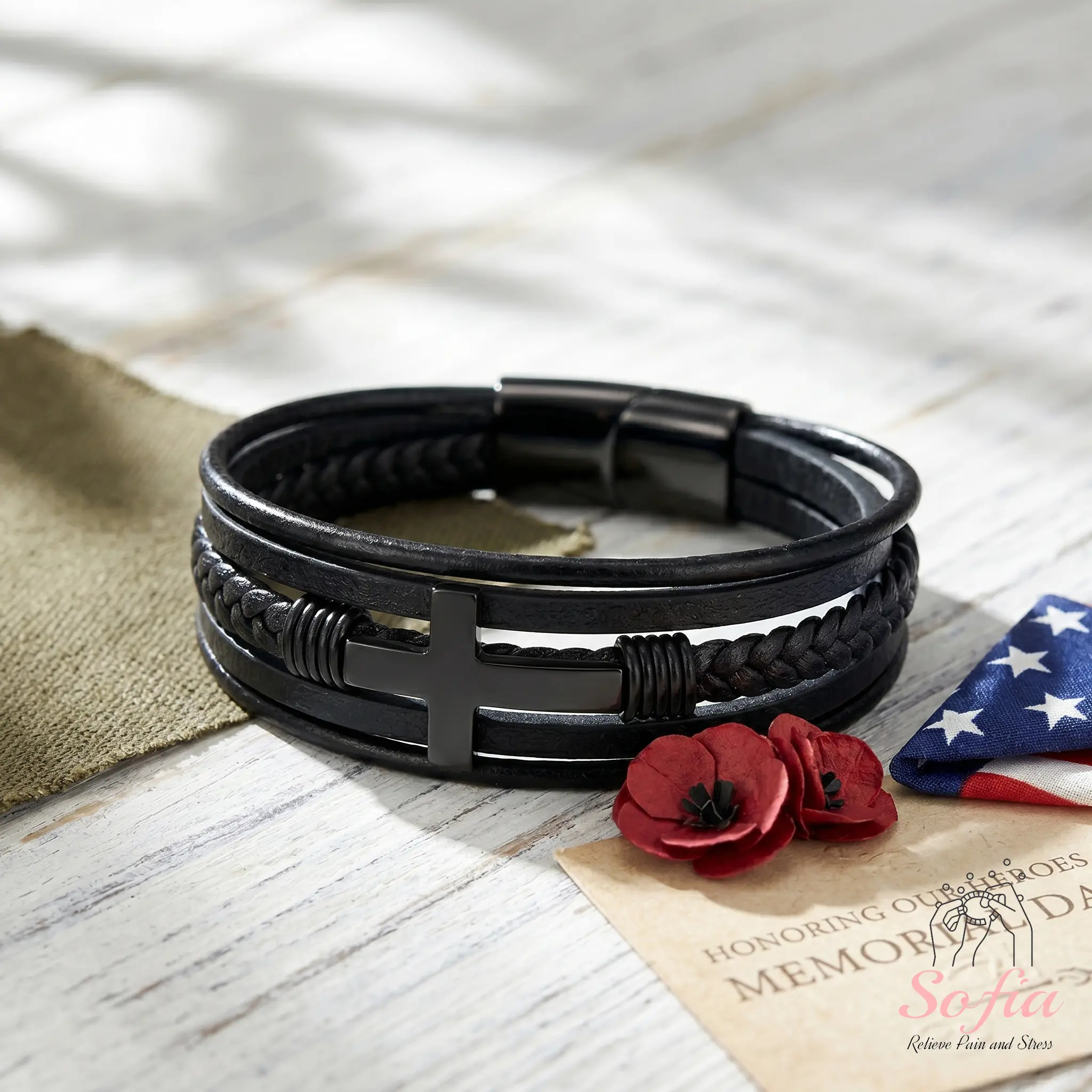 Cross Leather Braided Bracelet - 8 in Multilayer Magnetic Wristband, Stackable Bracelets, Faith Wear Jewelry, Trendy Fashion Accessories, Personalized Memorial Day Gift for Him