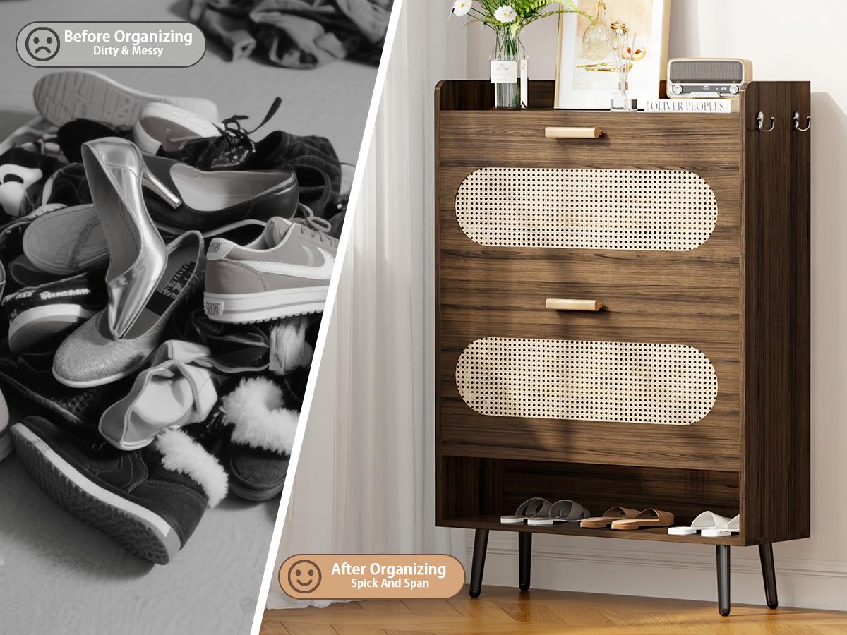 COZPAW Rattan Shoe Cabinet with 2 Flip Drawers, Shoe Storage Cabinet for Entryway, Narrow Shoe Rack Cabinet, Freestanding Hidden Shoe Organizer for Hallway, Living Room