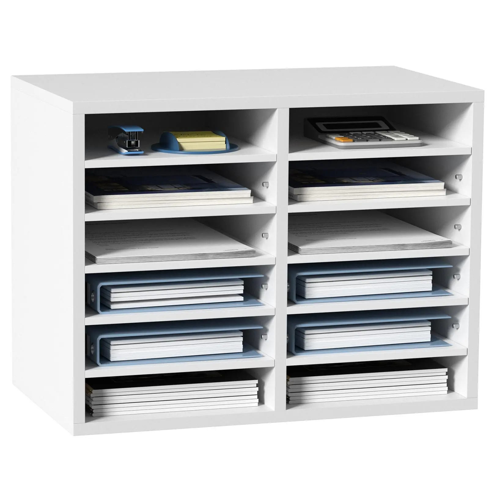 VEVOR EPA Certified Wood Finish Desk Organizer Shelf, 12-Compartment EPA Chipboard 2-Column File Rack with Adjustable Shelves, File Tray & Document Holder (20.4x12x16.1 in)