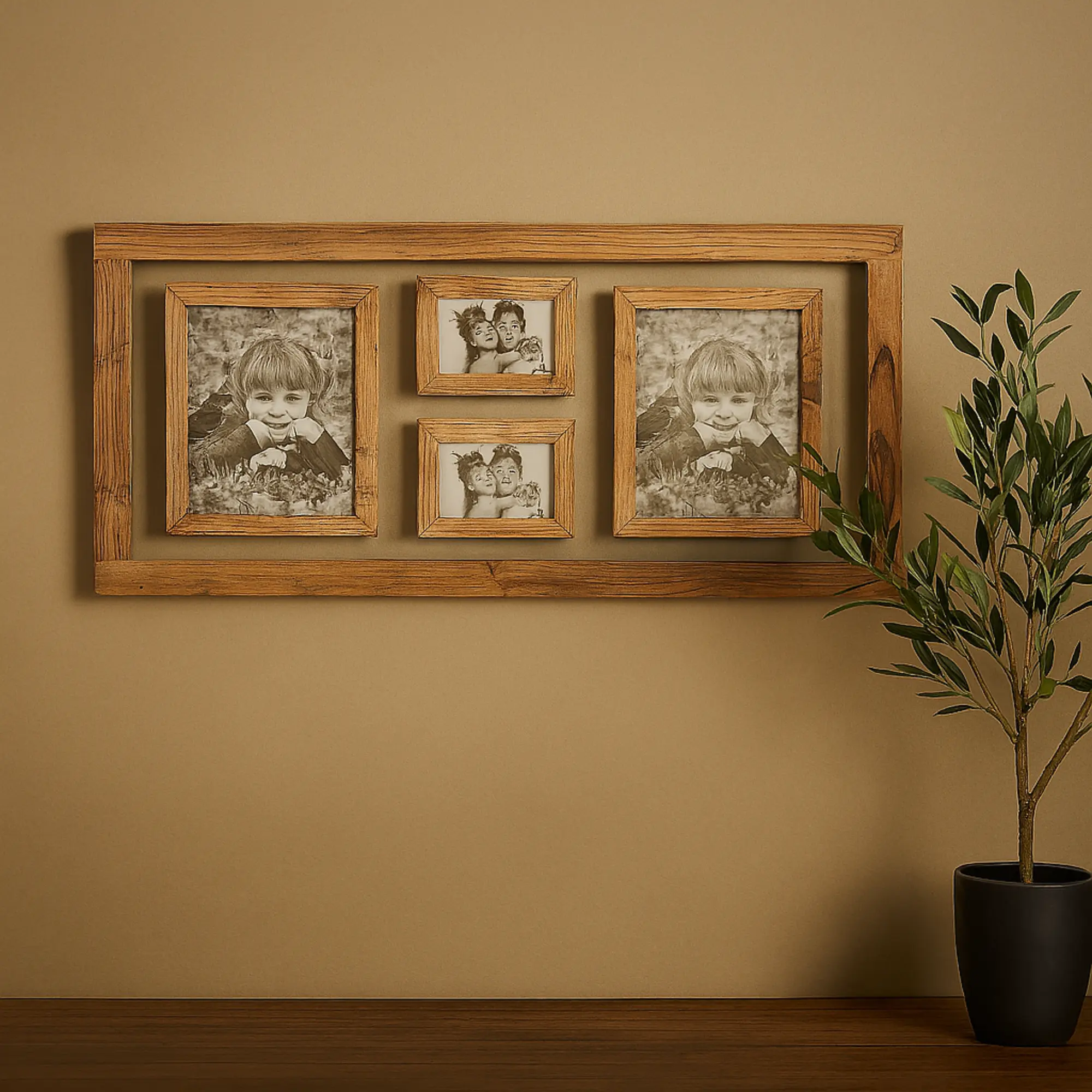 1-Piece Wood Grain Ornate Carved Wooden 4-Slot 4x6" Rectangular Fir/Pine Antique Wall Photo Frame, 37in x 1.50in x 17in, Indoor Vintage Home Decor Wall Display Gift