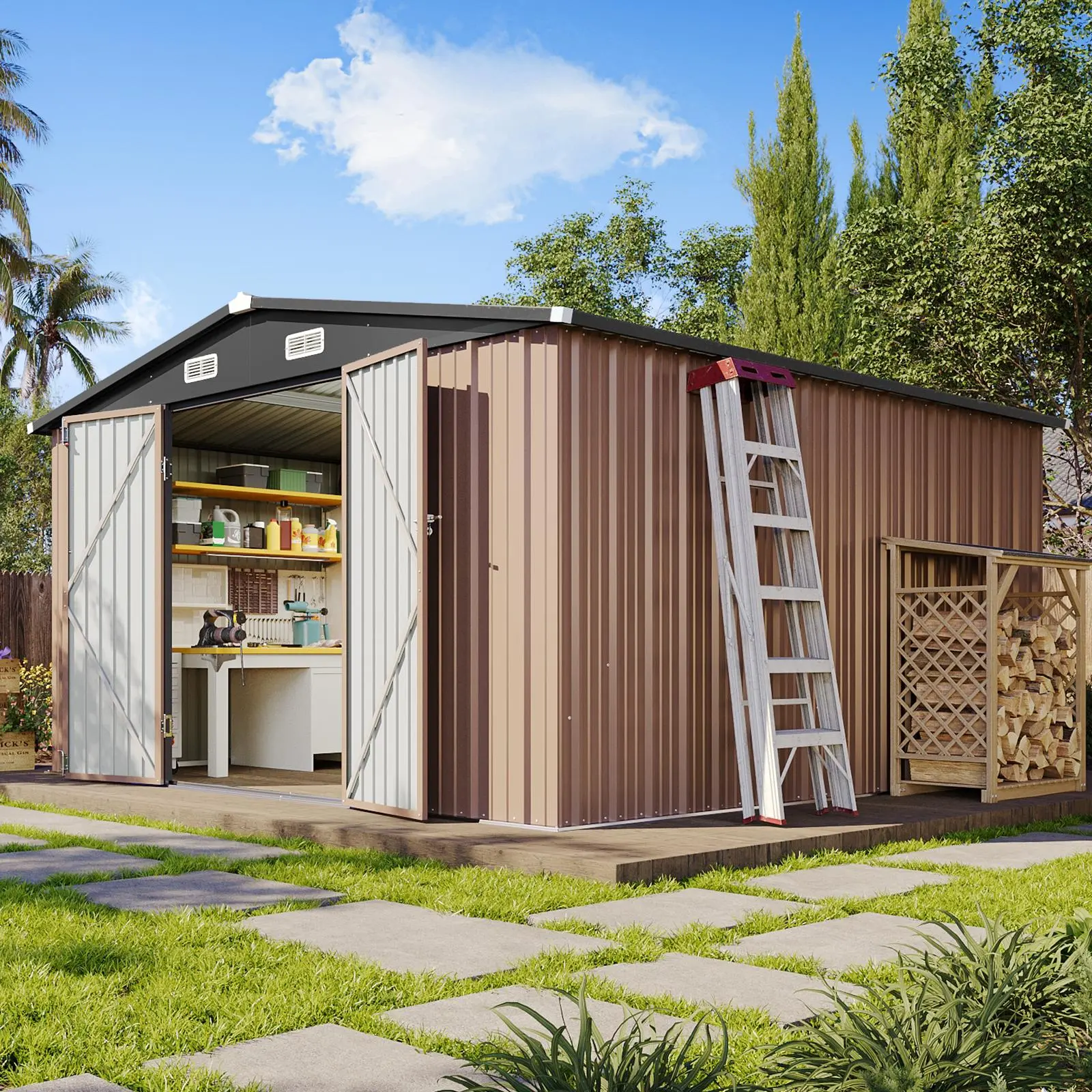 Aoxun Durable Weatherproof Metal Storage Shed - Lockable Door, Sloped Roof, Weather-Resistant Utility Shed for Garden, Patio (Astronaut Nebula Star Design), Durable Garden Shed, Weatherproof Metal Shed