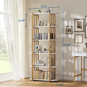 Garvee 6-Tier Industrial Bookshelf,Tall Freestanding Bookcase with Metal Frame,Open Storage Shelf for Home Office,Living Room or Bedroom,White