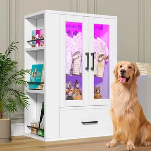 Small Size Wooden Dog Closet with LED Lights - Pet Wardrobe Organizer, Standing Storage Cabinet for Dog Clothes, Toys, Food (Home Organizer Shelf Unit)