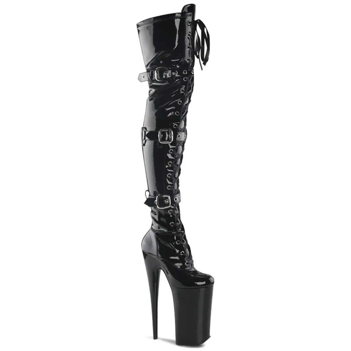 Pleaser Beyond-3028 Stretch Thigh High Shoe with 10-Inch Heel, Triple Buckles, Ribbon Front and Inner Side Zipper, Boot, Lace, Platform, Women, Footwear, Stiletto Heel, Statement Shoes, Over-The-Knee