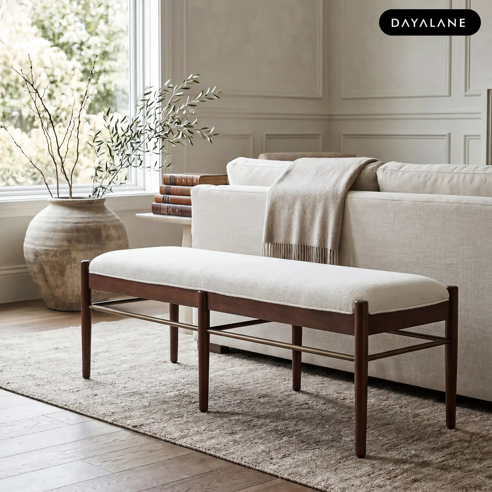 [BackToSchool]DAYALANE Ashby Modern Bench 52.5”×17“×16.5” PU/Linen, Entryway Bench, Rectangular Dining Room Seat, End of Bed Footstool Living Room Furniture Bench For Entryway