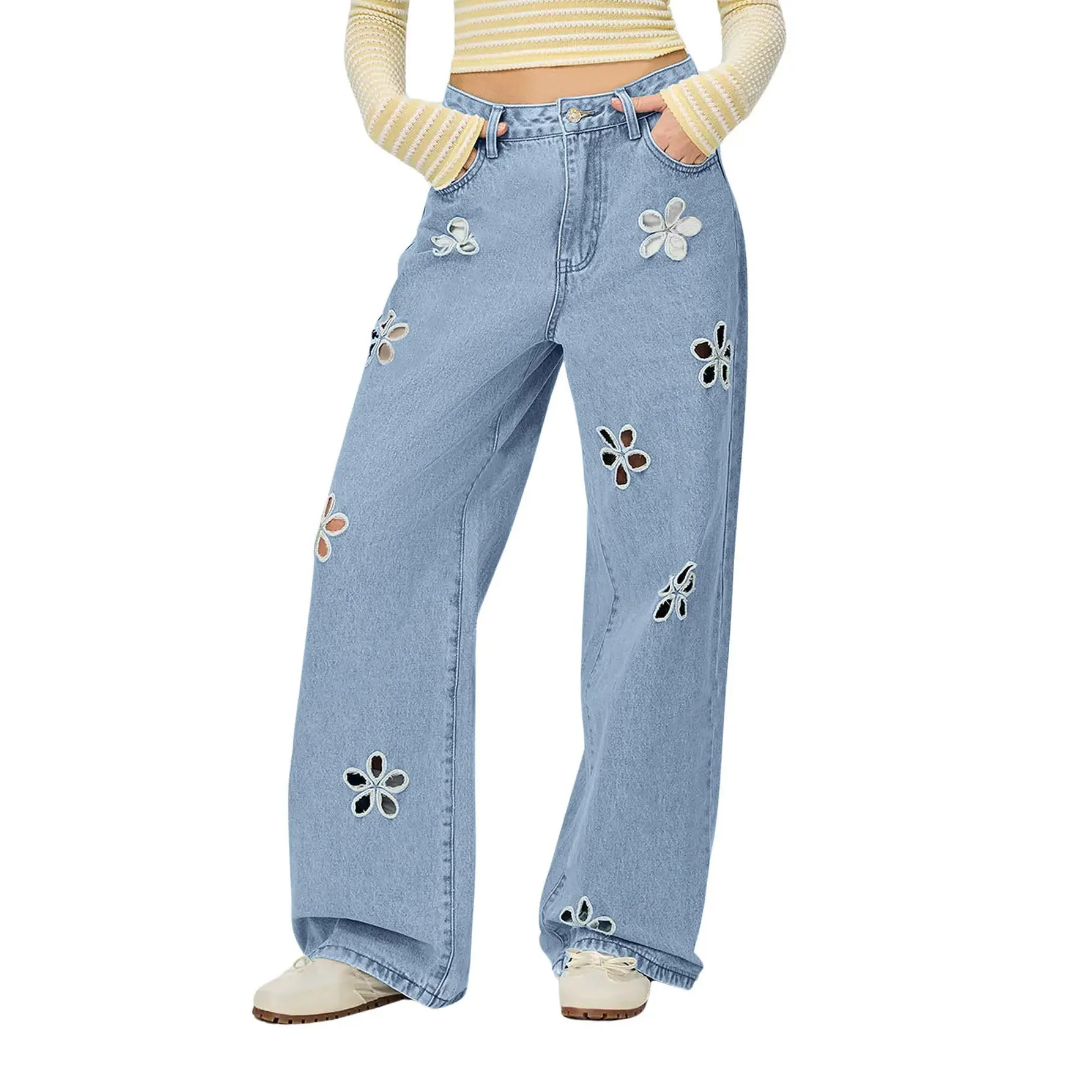 Chouyatou Women's Loose-fitting Hollow-out Floral Wide-leg Jeans Y2K Boyfriend Style Mid-rise Stick Jeans with Pockets,back to school shopping Chouyatou Women's Loose-fitting Hollow-out Floral Wide-leg Jeans Y2K Boyfriend Style Mid-rise Stick Jeans with Pockets,back to school shopping