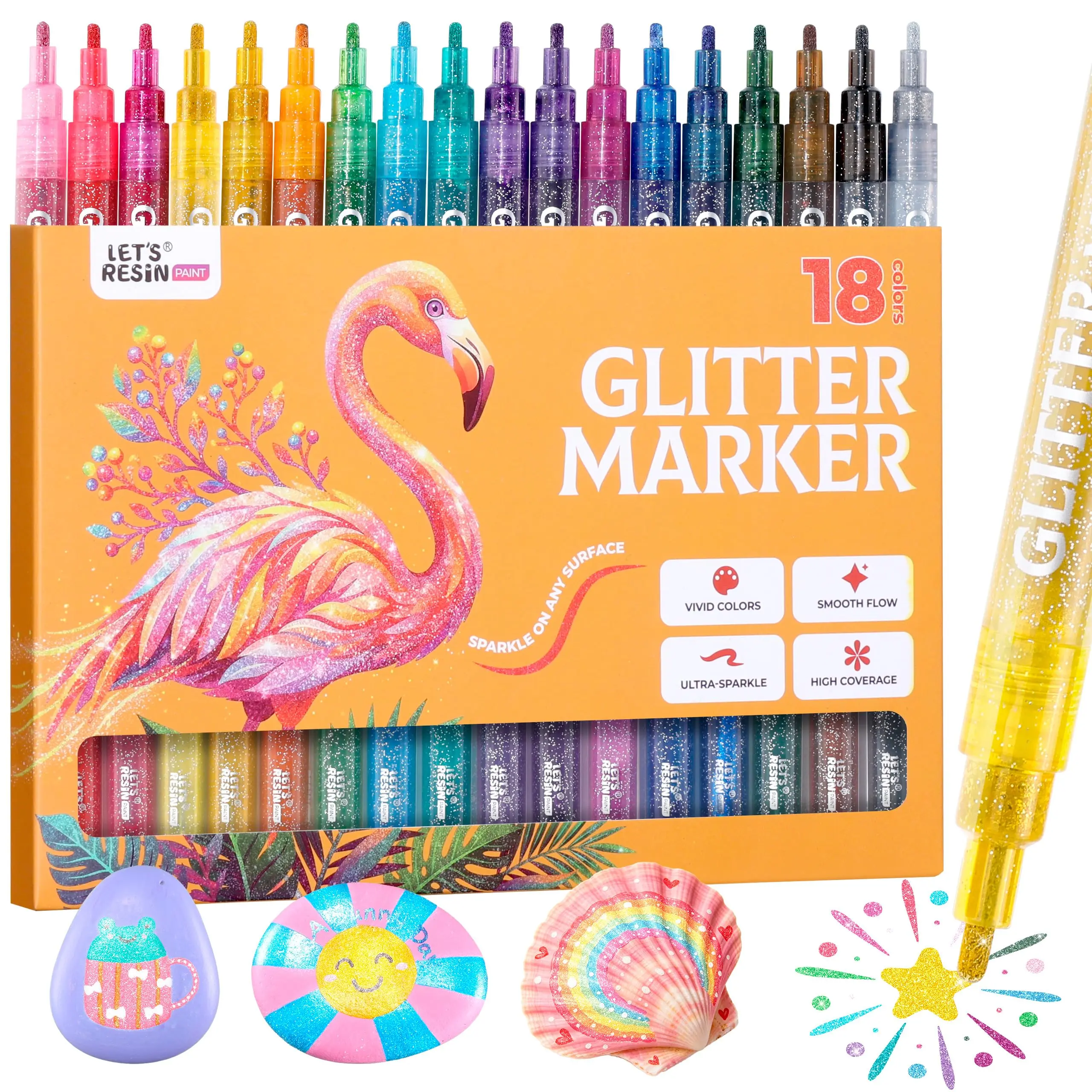Glitter Markers, 18 Metallic Acrylic Paint Pens, Back to School Art Supplies, Student & Teacher Classroom Essentials, 2mm Shimmer Markers, Water-Based Non-Toxic Pens for Journaling, Cards, Fabric, Rocks & DIY Crafts - LET'S RESIN