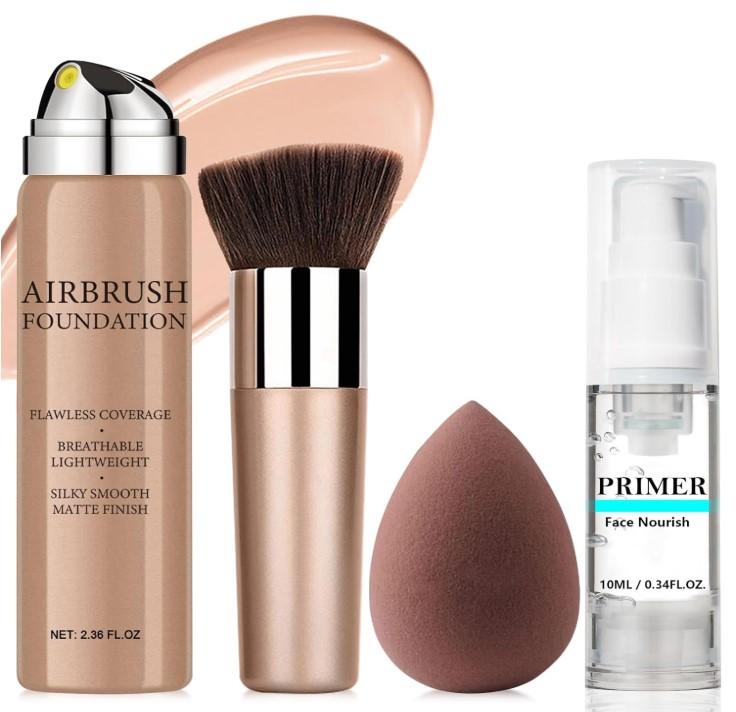 AirBrush Foundation Spray With Primer and Brush, Silky Mist Foundation Spray Makeup, Full Coverage Foundation for Smooth Radiant Finish, Formula Breathable Lightweight Hydrating(#1 Natural)