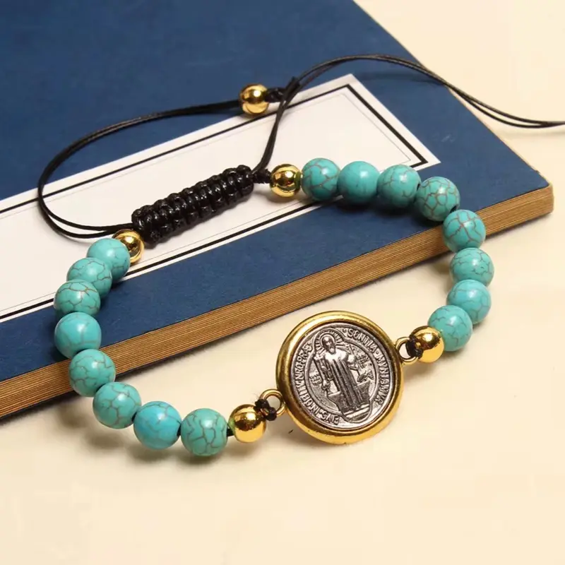 Artisan Catholic Religious Bracelet - San Benito Medal, Braided Rosary, Coin, Cross Beads, Elegant Jewelry Accessory, Fashionable Aesthetic Bracelets Accessories