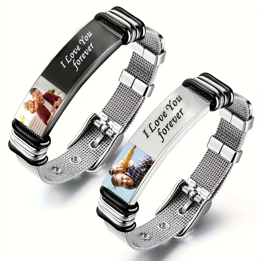Unisex Silver Stainless Steel Mesh Strap Bangle - Customizable High-Definition Photos Fashion Accessory, DIY Chain Jewelry Bracelets & Bangles, Valentine's Day Meaningful Gift