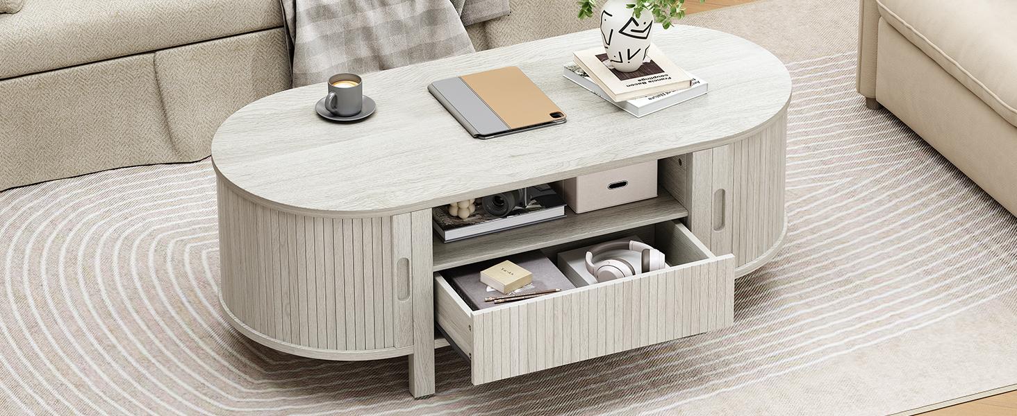 【SPOTLIGHT DAY】ONBRILL 47.2'' Oval Coffee Table With Storage, Fluted Accent Center Table With Draw And Sliding Tambour Doors