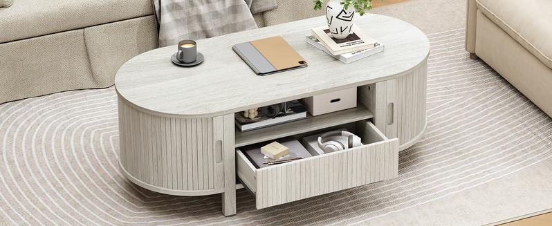 【Valentine's Day Gift】ONBRILL 47.2'' Oval Coffee Table With Storage, Fluted Accent Center Table With Draw And Sliding Tambour Doors