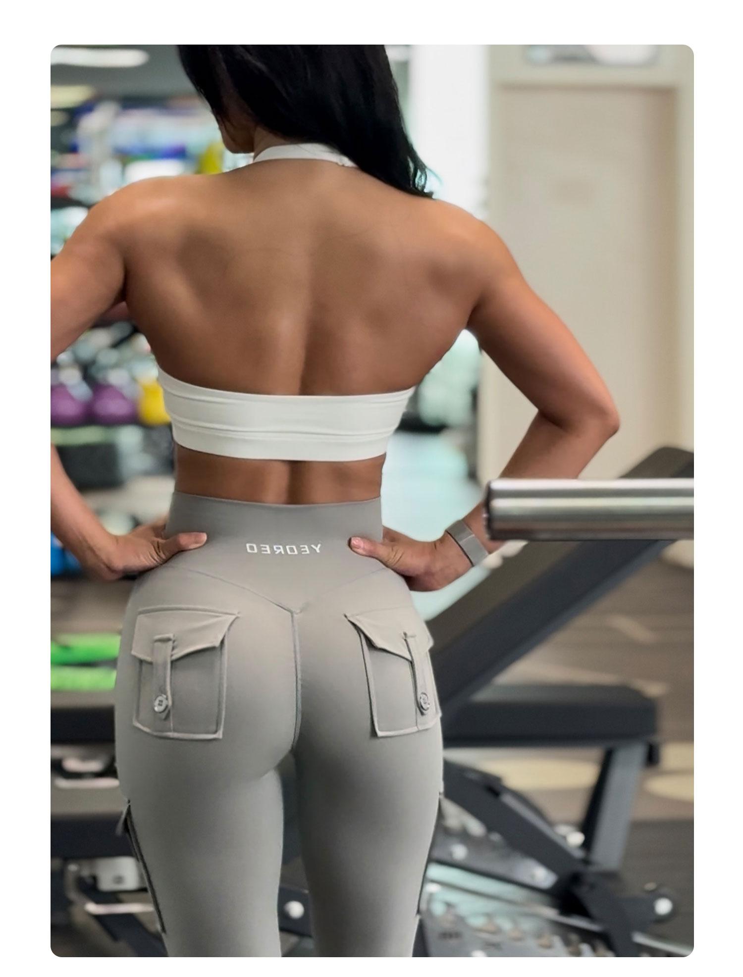 YEOREO CoreFlex High Waist Tummy Control Flare Leggings with Pockets Seamless Scrunch Butt-Lift Cargo Yoga Gym Pants