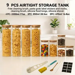 9-piece glass jar set, wide-mouth transparent glass food storage container, which can be used to store coffee beans, noodles, nuts and other glass kitchen utensils;