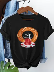 100% Cotton Women'S Casual Turkish Cuisine Graphic T-Shirt - Round Neck, Short Sleeve Top with Middle Eastern Fajran Design, Lightweight , for Spring/Summe
