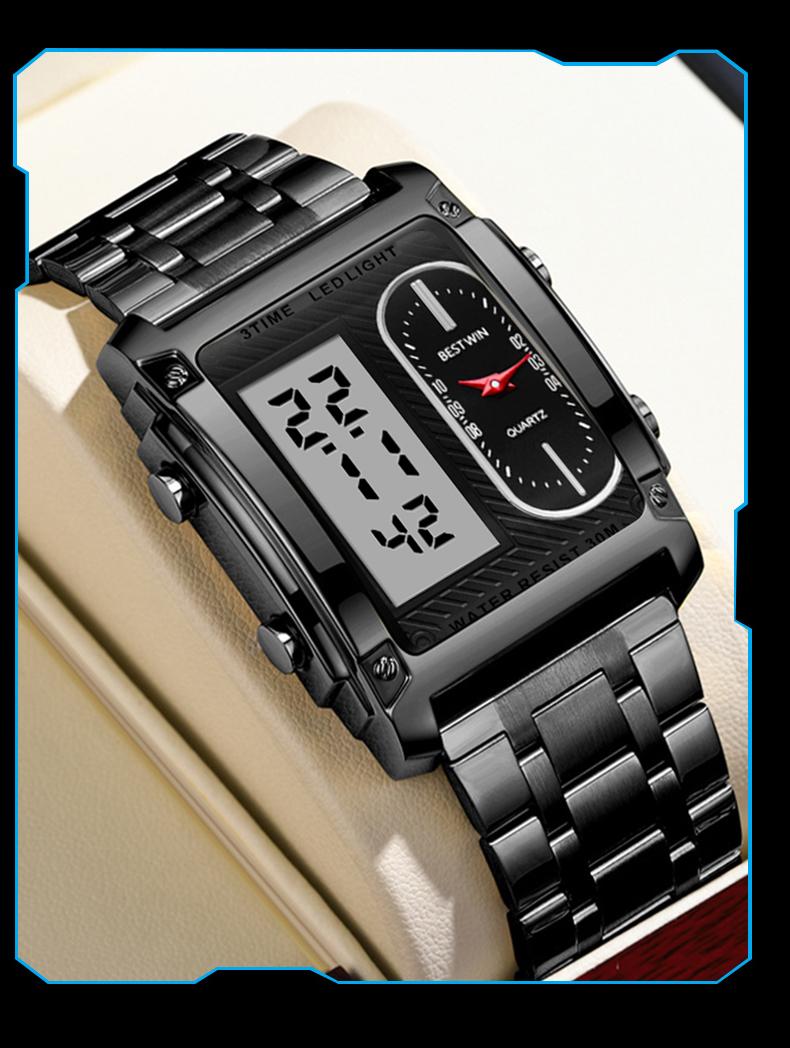 men's square creative dual-movement multifunctional sports watch, featuring a luxurious triple-time design, water resistance, luminous dial, ​Exuding a minimalist aesthetic, it is elegant, durable, and the perfect choice for everyday wear.​​ digital quart