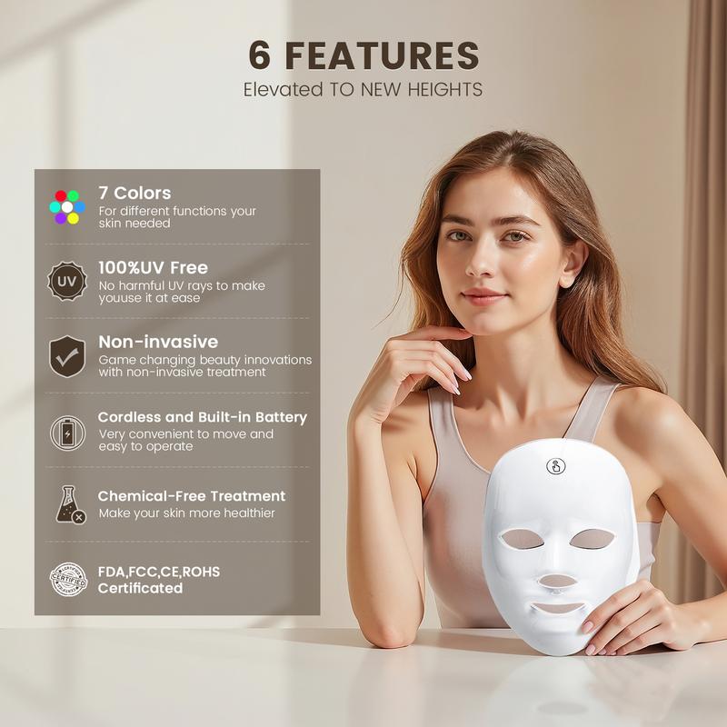 SHMHE Red light therapy mask, 7-color LED photorejuvenation mask, daily care photorejuvenation, wireless charging, ideal gift for women, autumn and winter skin care facial care gift