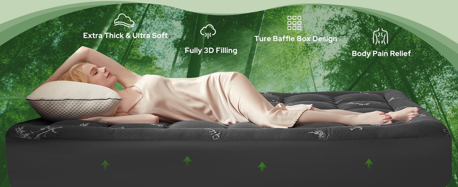 【BEDLORE】Bamboo Pattern Mattress Topper, Thicken Pillow Top Pad for Comfy Mattresses, Cooling Mattress Cover with 6-18" Deep Pocket, Pressure Relief Bedding Protector for Home & Hotel