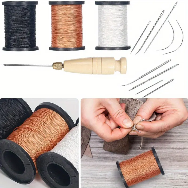 Repair Sewing Thread Kit and Heavy Duty Household Hand Needles, Including Sewing Awl, 7 Styles of Leather Canvas Sewing Needles and 3 Rolls Nylon Thread, Ideal for Upholstery, Leather, Shoes & DIY Crafts