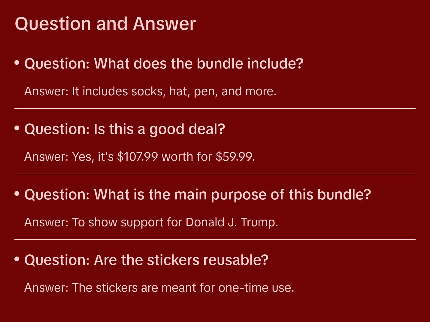 Trum 2024 All-In-One Bundle including socks, hat, banner, flag, multi-function pen, stickers, and coin