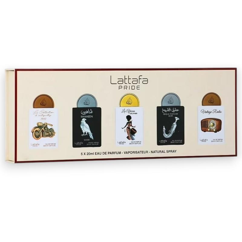 Lattafa Perfumes | Pride Mini Collection | Shaheen Silver + La Collection D'Antiquites 1910 + Vintage Radio + Ishq Al Shuyukh Silver + La African Drummer | Eau De Parfum | 20 ML | Lavender - Plum & Sandalwood Notes Lattafa Perfumes | Pride Mini Collection | Shaheen Silver + La Collection D'Antiquites 1910 + Vintage Radio + Ishq Al Shuyukh Silver + La African Drummer | Eau De Parfum | 20 ML | Lavender - Plum & Sandalwood Notes