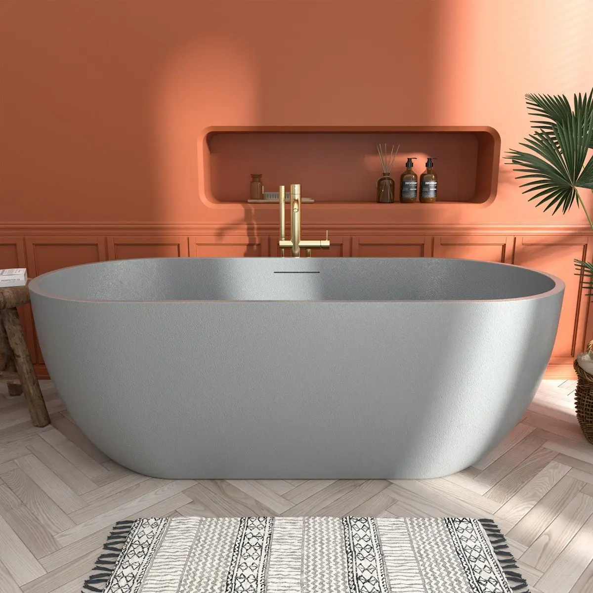 Allsumhome RockX 67" Oval Grey Stone Tub - Cast Rockstone Freestanding Bathtub, Cement Gray, Scratch-Proof, Large Overflow Port