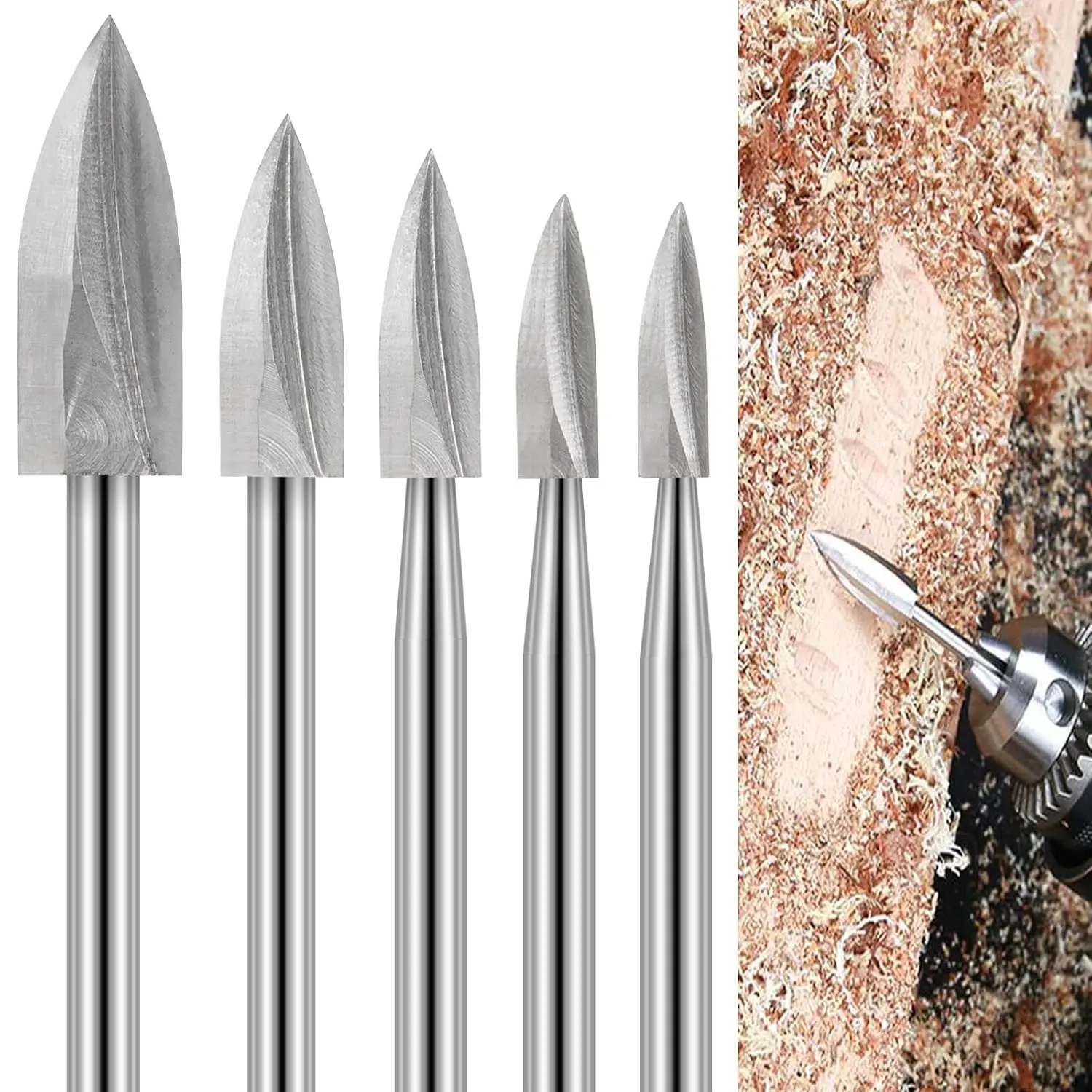 5PCS Wood Carving Drill Bits Set, 1/8" Shank Engraving Burr Bits for Dremel Rotary Tool, Woodworking Grinding Milling Cutter for DIY Carving