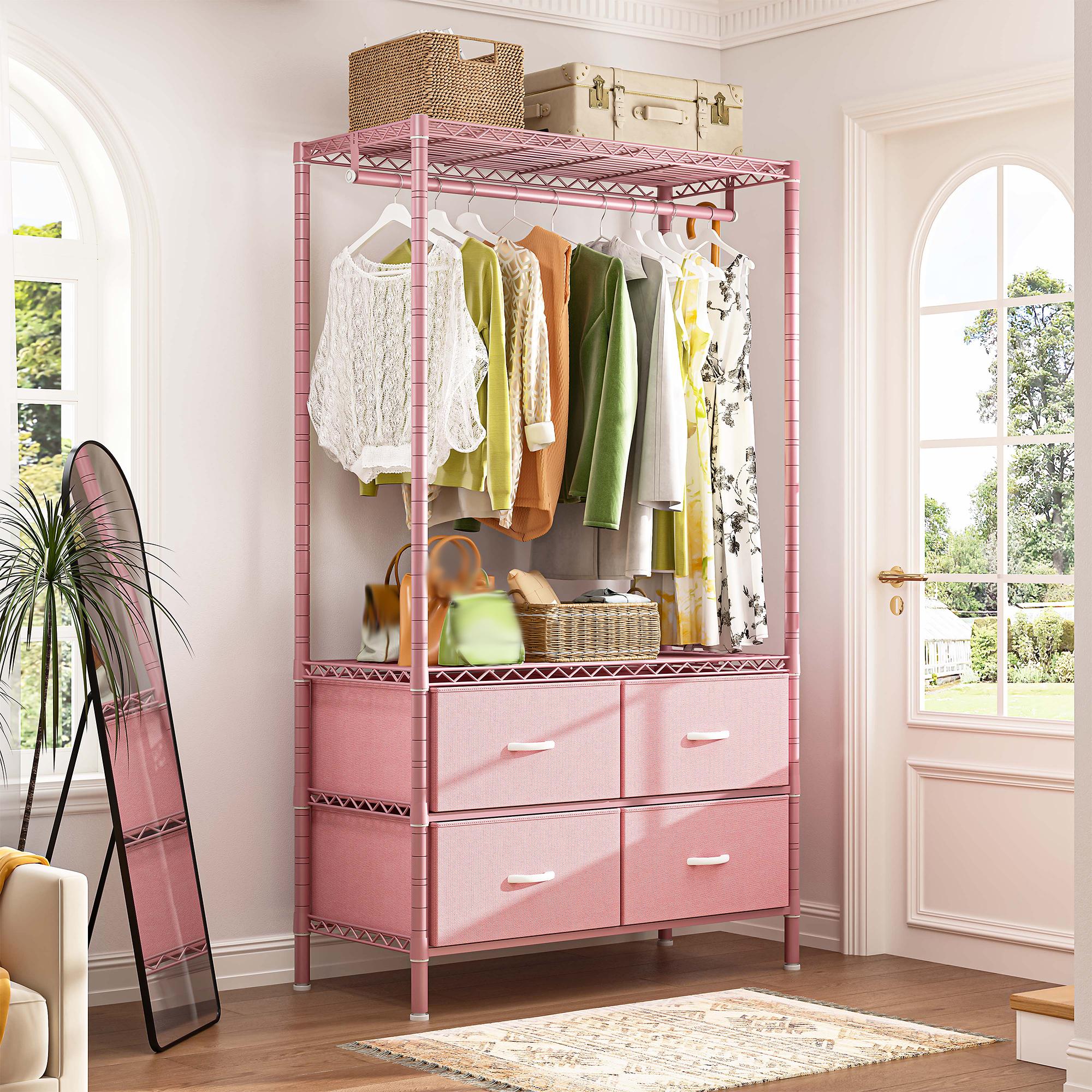 Raybee 3 in 1 Clothes Rack with 4 Drawers, 445LBS Heavy Duty Clothing Rack Closet Rack, Garment Racks for Hanging Clothes Heavy Duty Clothes Rack DIY Portable Adjustable Storage Rack for Apartment, Bedroom, Laundry Room