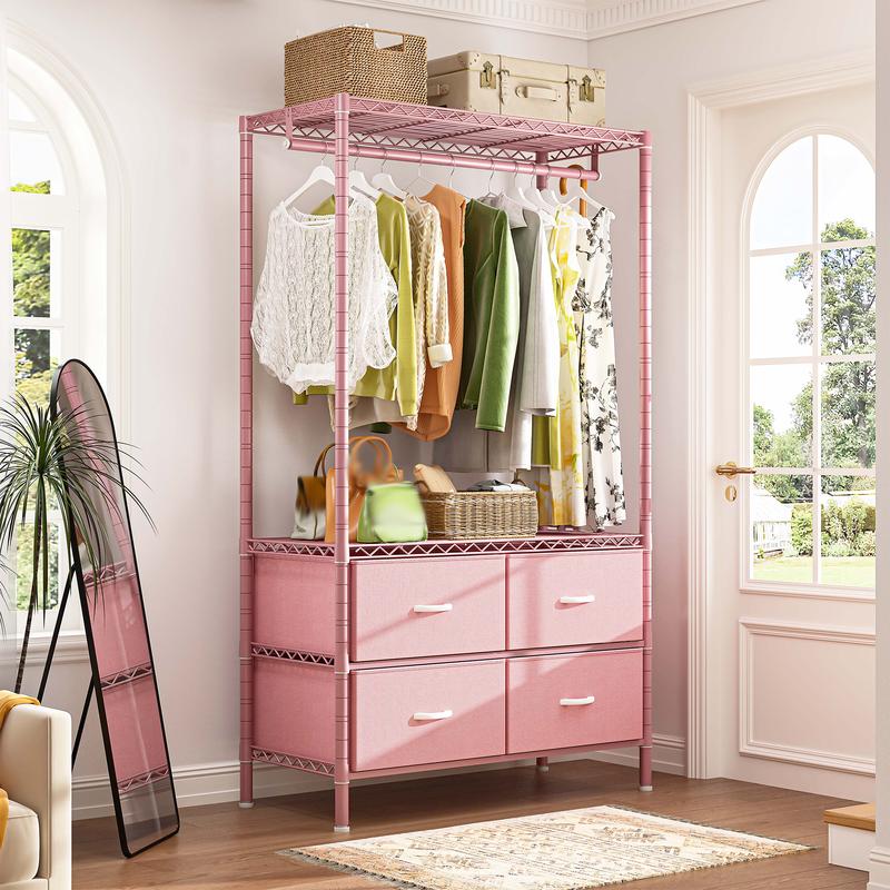 Raybee 3 in 1 Clothes Rack with 4 Drawers, 445LBS Heavy Duty Clothing Rack Closet Rack, Garment Racks for Hanging Clothes Heavy Duty Clothes Rack DIY Portable Adjustable Storage Rack for Apartment, Bedroom, Laundry Room