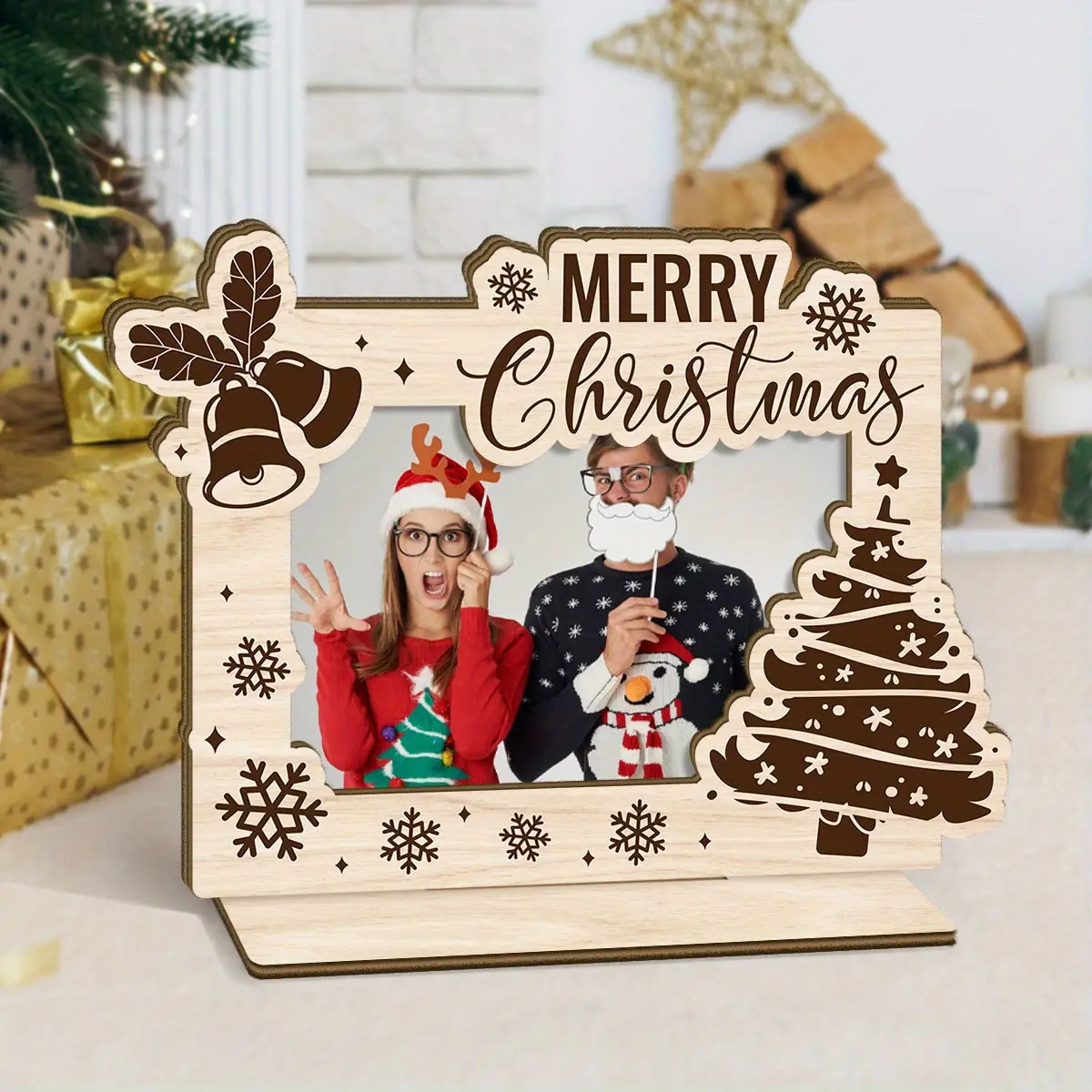 1pc Christmas Theme Wooden Photo Frame, With "Merry Christmas", With a Base Can Stand on the Desktop, Best Christmas Gift choice for Yourself, Family, Desktop Decorative Sign Frame