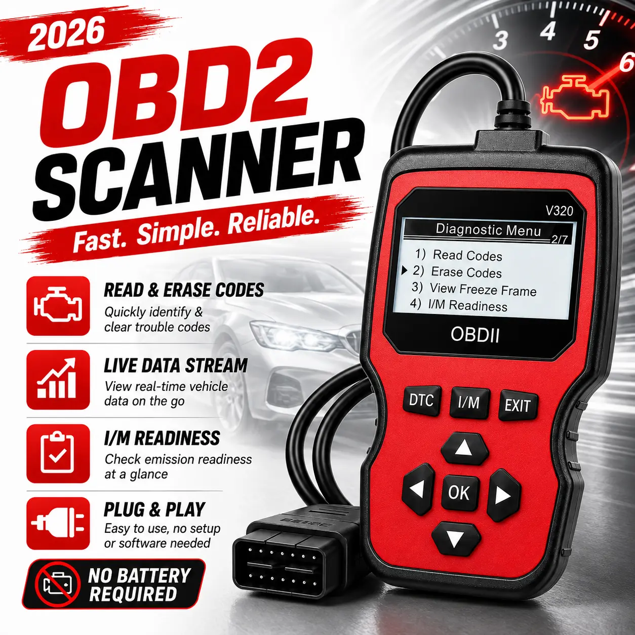 V320 Handheld OBD2 Scanner Code Reader - 12V Car Engine Diagnostic Handheld Tool with Code Reading, Clearing, Live Data, Freeze Frame, I/M Readiness, DTC Lookup for Most OBDII/EOBD Vehicles