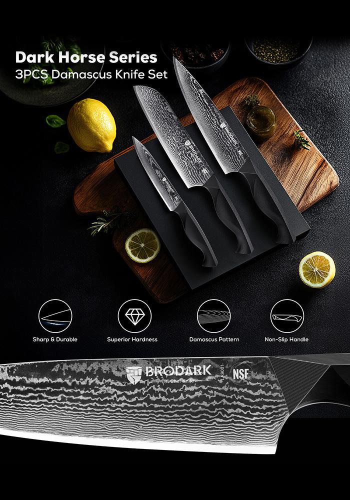 BRODARK 3 PCS Damascus Knife Set - Sharp Professional Kitchen Knife Set, Chef Knife Set with Ergonomic Full-Tang ABS Handle for Home, Restaurant (Dark Horse Series) Outdoorfun Meatcleaverset Cooking
