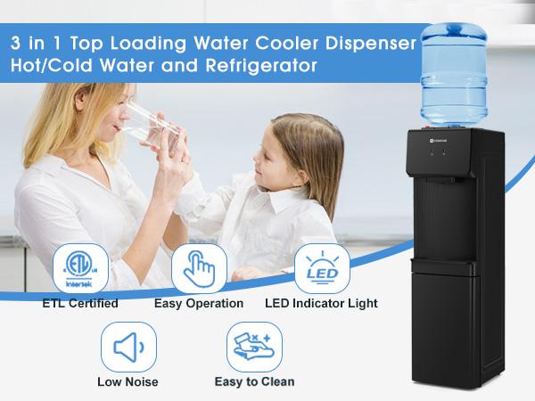 Top Loading Water Cooler Dispenser 5 Gallon Hot & Cold with Freezer Cabinet Child Safety Lock for Home Office Apartment Dorm Gym