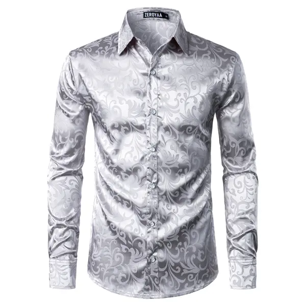 ZEROYAA Men's Luxury Jacquard Long Sleeve Dress Shirt Shiny Satin Slik Like Wedding Party Prom Shirts,back to school,back to school shopping