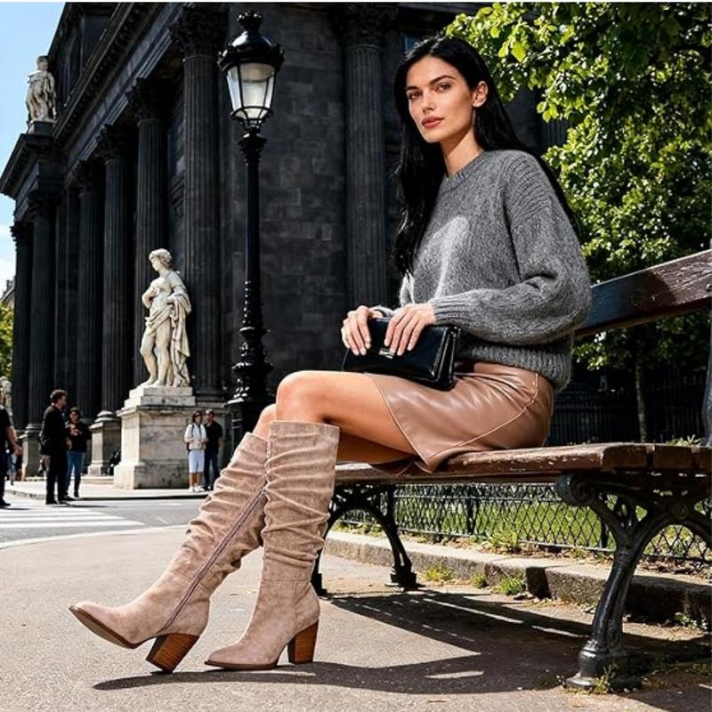 Women's Pointed Toe Knee High Boots Faux Suede Slouch Boots with Chunky Heel Women's Pointed Toe Knee High Boots Faux Suede Slouch Boots with Chunky Heel