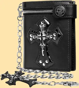 Gothic Punk Skull Cross Chain  Jesus Gifts Punk Skull Gothic  Halloween Goth Accessories Unisex Black Compact Money Pocket Men's  dad Minimalist Wallet