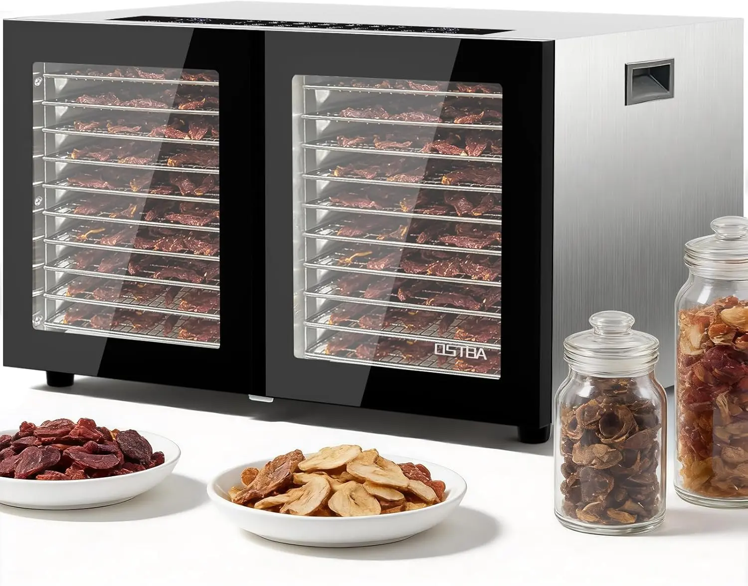 OSTBA Dual Zone Stainless Steel Dehydrator, 20 Stainless Steel Trays, 1300W Dual Layer, 180℉ Adjustable Temp, 48H Digital Timer, 10 Auto Presets, 10 Mesh Sheets, 1300W, for Jerky, Fruit, Home Use, Digital Control, Meal Prep & Batch Cooking
