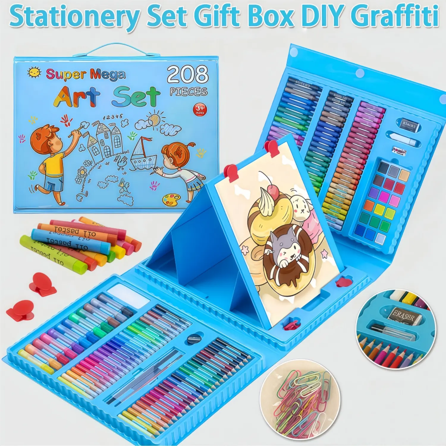 208 PCS Art Supplies, Drawing Art Kit for Kids, Art Set with Double Sided Trifold Easel, Oil Pastels, Crayons, Colored Pencils, Watercolor Pens Gift for Girls and Boys