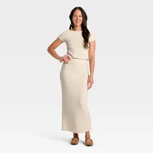 Women's Knit Ribbed Maxi Pencil Skirt - Universal Thread Cream XL