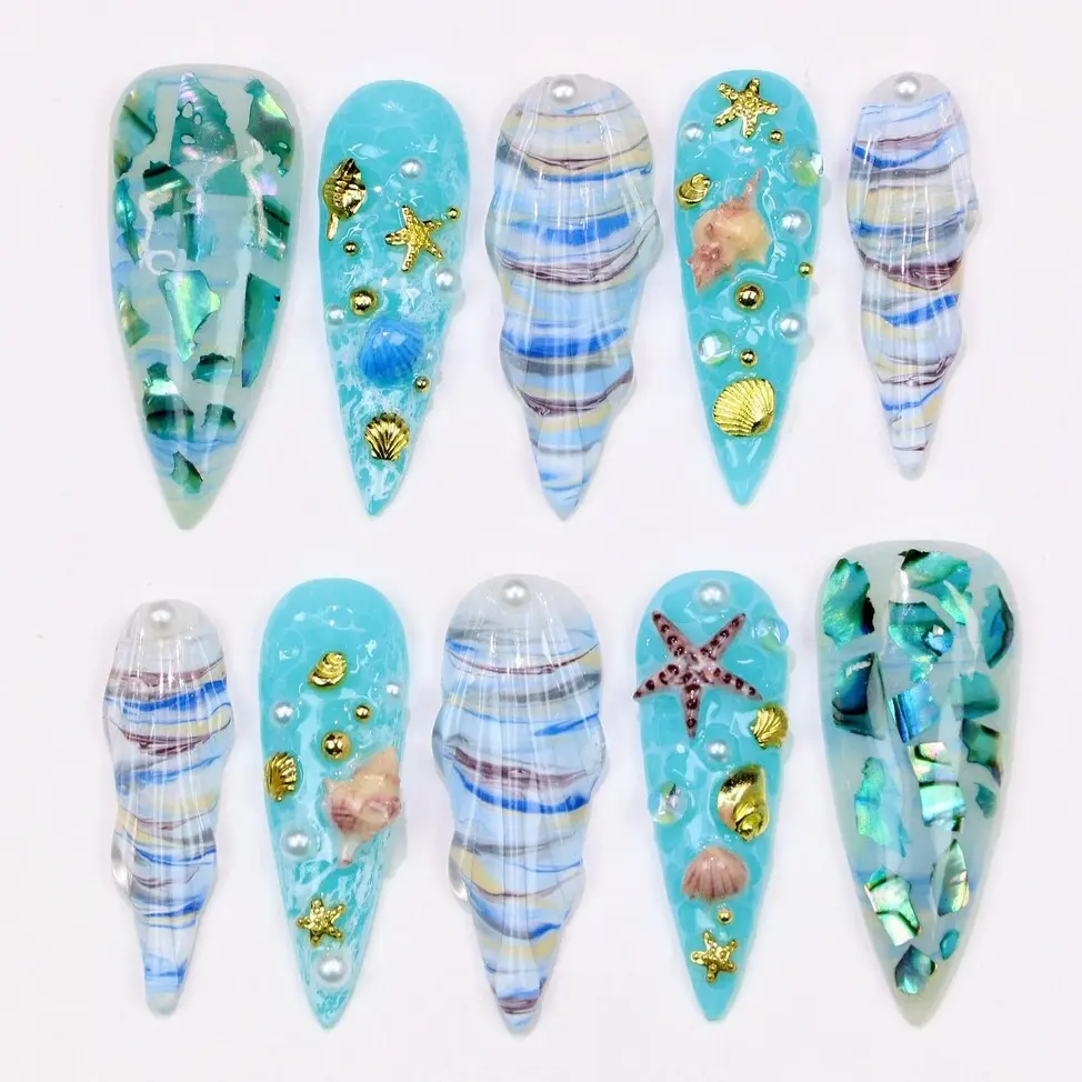 Mermaid Press On Nails, Ocean Shell Nails, Blue Beach Nails, Starfish Nails, Seashell Nails, Handmade Summer Nails