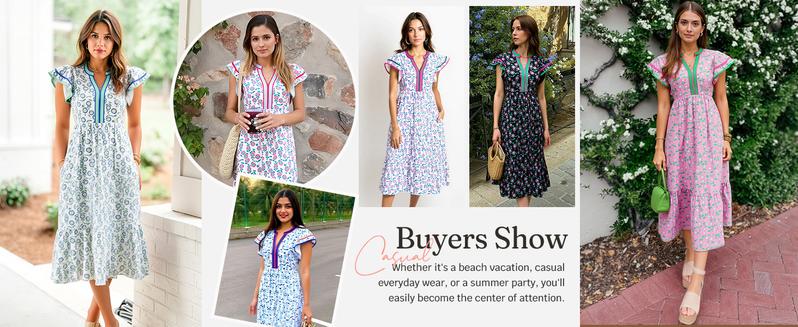 Wenrine Women's Summer Floral Midi Dresses Ruffle Cap Sleeve V Neck Flowy Boho Casual Beach Vacation Sundress