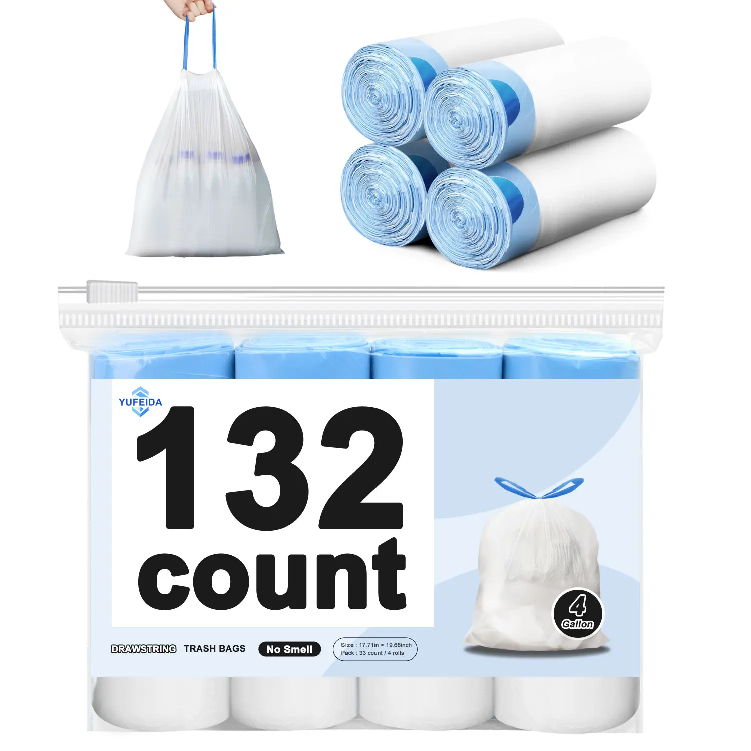 YUFEIDA 4-Gal Drawstring Trash Bags, 132/264 Count White Tear-Free Heavy-Duty Plastic Wastebasket Liners, Odorless Quick-Tie Bags for Bathroom & Home, 13-Wall Emergency Toilet Outdoor Household Gadget, Odorless Trash Bags, Quick-Tie Trash Bags tiktokshops