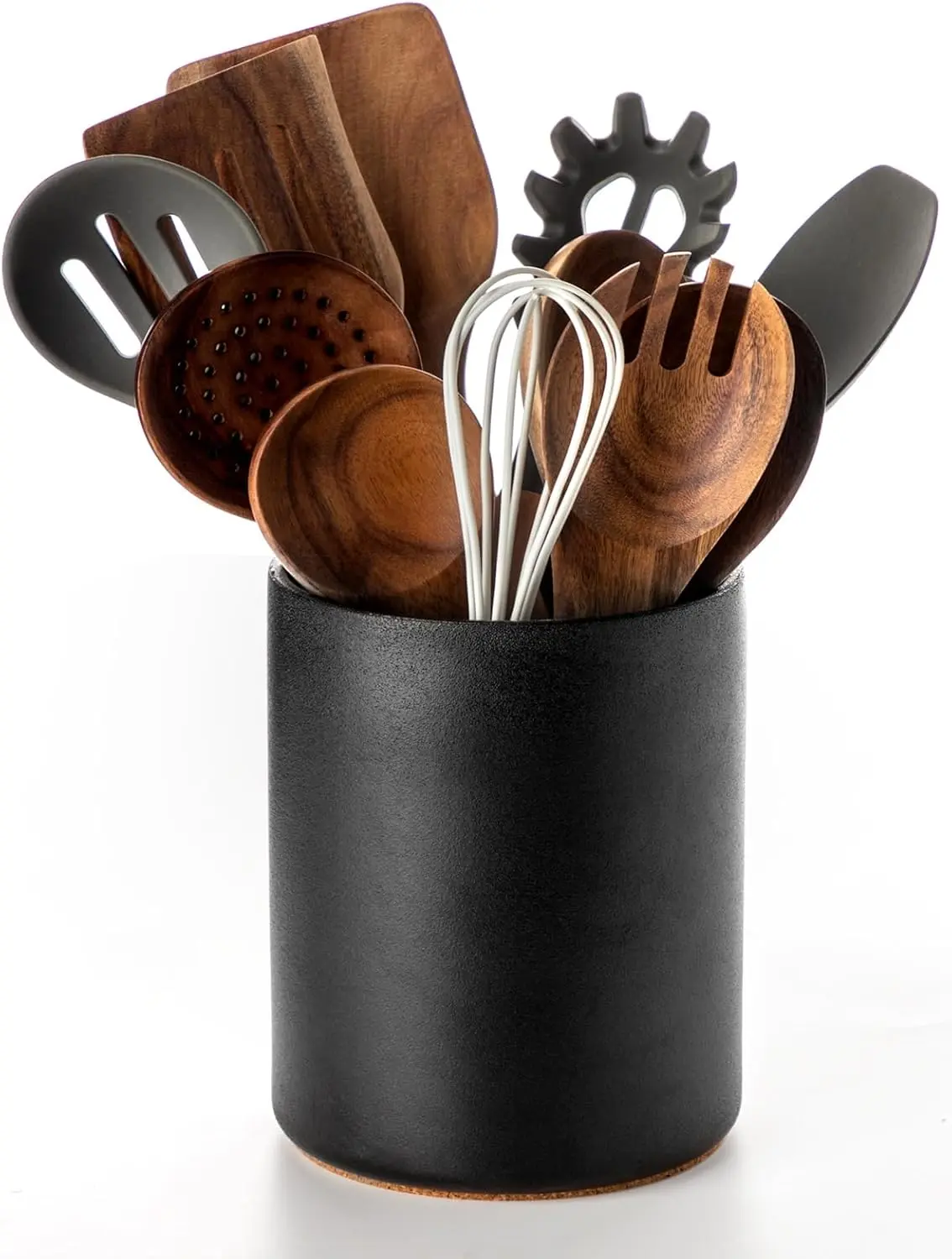 Utensil Holder, 6.4" Ceramic Kitchen Utensil Holder with Countertop-Protection Cork Bottom,  Kitchen Decor for Counter, Christmas Gift (Stone Black)