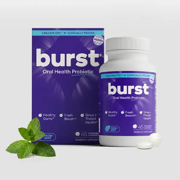BURST Oral Probiotic - Bad Breath Support for Adults - Chewable Dental Oral Probiotics for Immune Support, Fresh Breath with Blis K12 & M18 - Mint (45 Count)