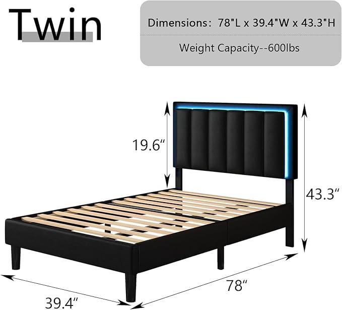 HOMBCK Upholstered Modern Bed Frame, LED Lights, No mattress, PU Leather Headboard, Wood and Metal Slats Support, Noise Free, No Box Spring Needed